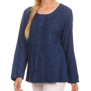 Sakkas Fedella Deep Scoop Neck Longsleeve Top Adjustable Back Straps Blue 1X/2X